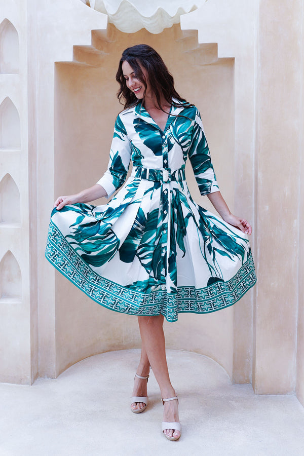 Audrey Dress #2 Shirt Collar 3/4 Sleeve Regular +3 Length Cotton Stretch (Foxtail Palm)