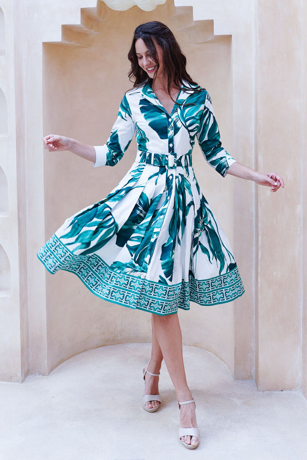 Audrey Dress #2 Shirt Collar 3/4 Sleeve Regular +3 Length Cotton Stretch (Foxtail Palm)