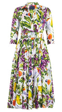 Aster Dress Shirt Collar 3/4 Sleeve Midi Length Cotton Musola (Fruit Farm)