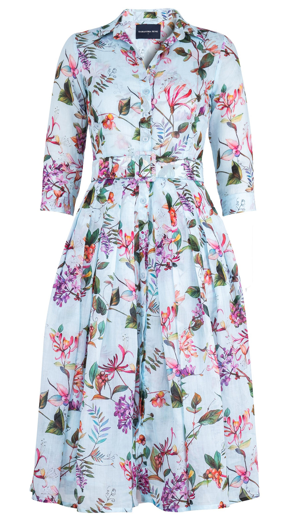Audrey Dress #4 Shirt Collar 3/4 Sleeve Midi Length Ramie (Gallerie Summer Bouquet)