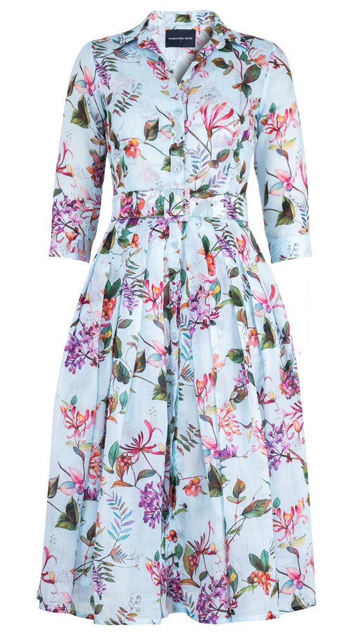 Audrey Dress #4 Shirt Collar 3/4 Sleeve Midi Length Ramie (Gallerie Summer Bouquet)