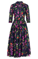 Aster Dress Shirt Collar 3/4 Sleeve Midi Length Cotton Musola (Gallerie Summer Bouquet)