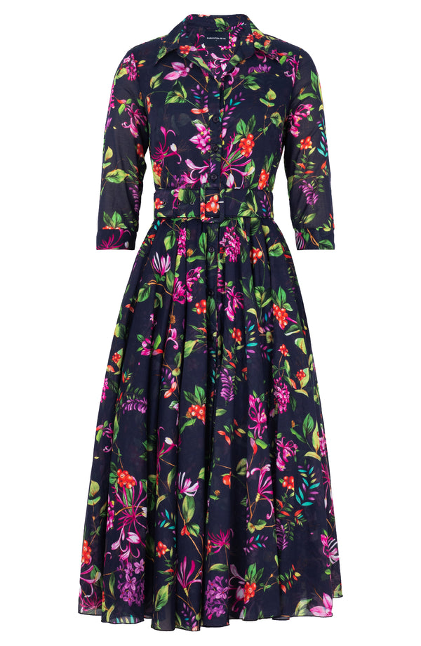 Aster Dress Shirt Collar 3/4 Sleeve Midi Length Cotton Musola (Gallerie Summer Bouquet)