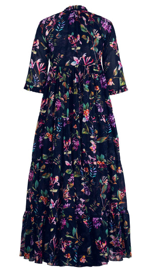 Eden Dress Crew Neck 3/4 Sleeve Maxi Length Ramie (Gallerie Summer Bouquet)