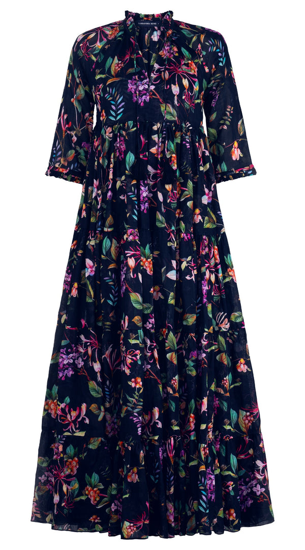 Eden Dress Crew Neck 3/4 Sleeve Maxi Length Ramie (Gallerie Summer Bouquet)