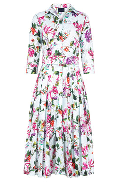 Audrey Dress #2 Shirt Collar 3/4 Sleeve Midi Length Cotton Stretch (Gallerie Summer Bouquet)