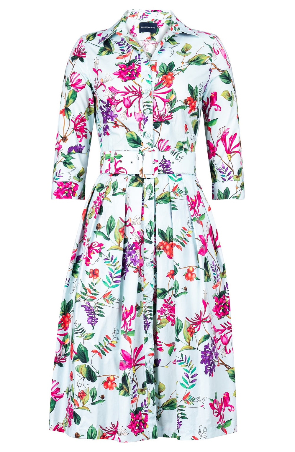 Audrey Dress #1 Shirt Collar 3/4 Sleeve Long Length Cotton Stretch (Gallerie Summer Bouquet)