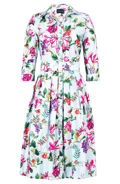 Audrey Dress #1 Shirt Collar 3/4 Sleeve Long Length Cotton Stretch (Gallerie Summer Bouquet)