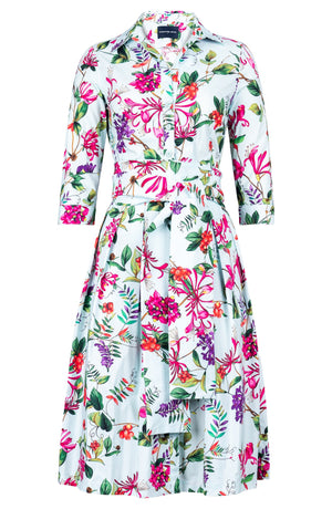 Audrey Dress #1 Shirt Collar 3/4 Sleeve Long Length Cotton Stretch (Gallerie Summer Bouquet)