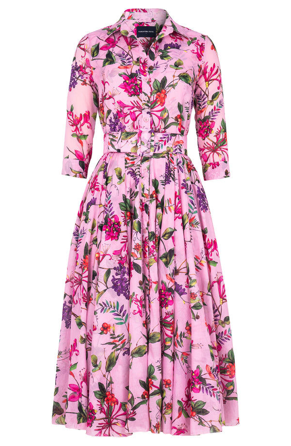 Aster Dress Shirt Collar 3/4 Sleeve Midi Length Cotton Musola (Gallerie Summer Bouquet)