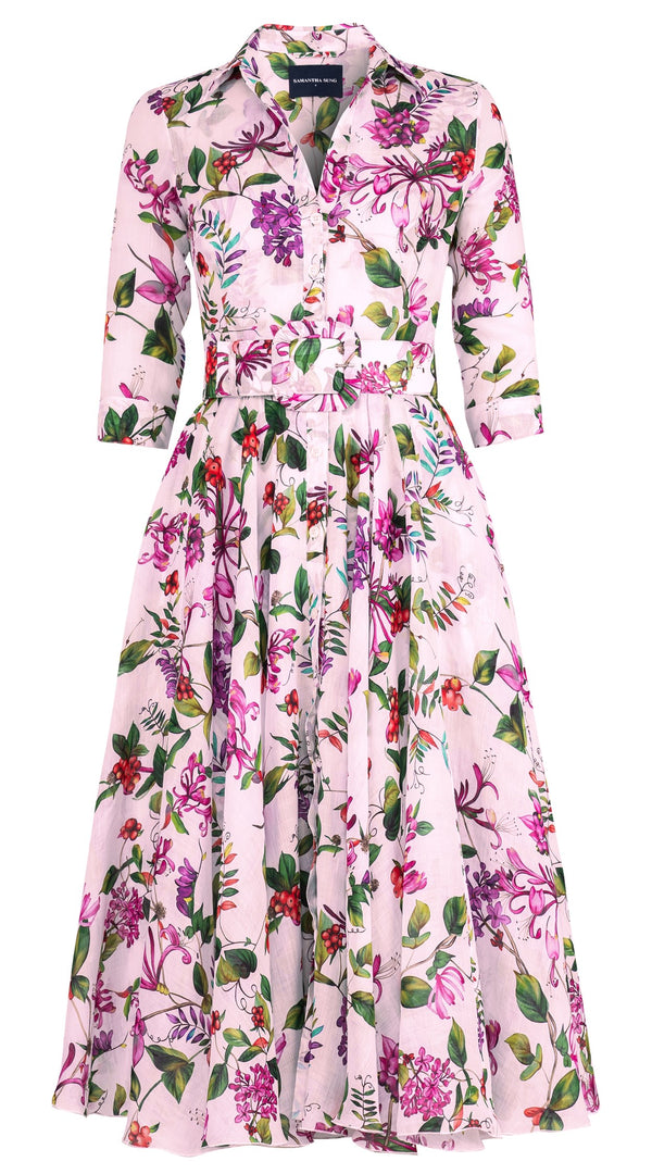 Aster Dress Shirt Collar 3/4 Sleeve Midi Length Ramie (Gallerie Summer Bouquet)