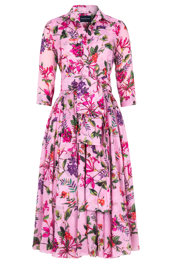 Aster Dress Shirt Collar 3/4 Sleeve Midi Length Cotton Musola (Gallerie Summer Bouquet)