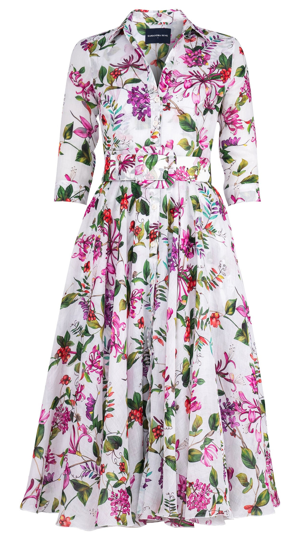 Aster Dress Shirt Collar 3/4 Sleeve Midi Length Ramie (Gallerie Summer Bouquet)