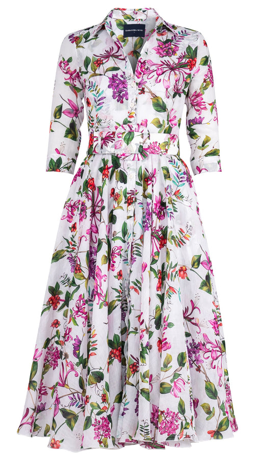 Aster Dress Shirt Collar 3/4 Sleeve Midi Length Ramie (Gallerie Summer Bouquet)