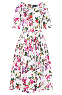 Florance Dress Boat Neck 1/2 Sleeve Midi Length Cotton Stretch (Gallerie Summer Bouquet)