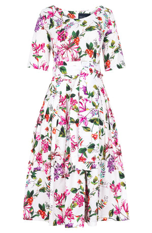 Florance Dress Boat Neck 1/2 Sleeve Midi Length Cotton Stretch (Gallerie Summer Bouquet)
