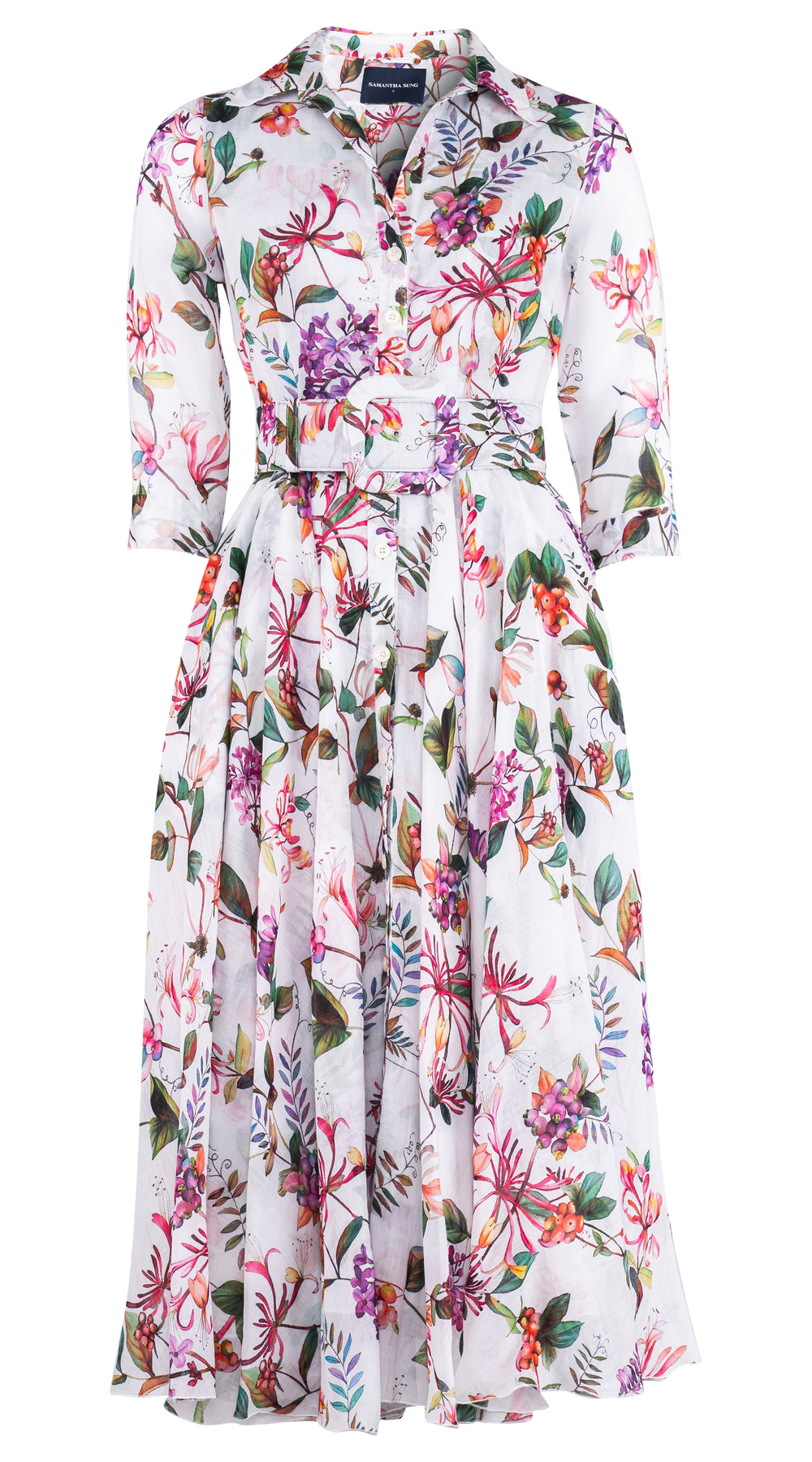 Aster Dress Shirt Collar 3/4 Sleeve Midi Length Ramie (Gallerie Summer Bouquet)
