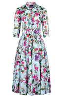 Aster Dress Shirt Collar 3/4 Sleeve Midi Length Cotton Musola (Gallerie Summer Bouquet)