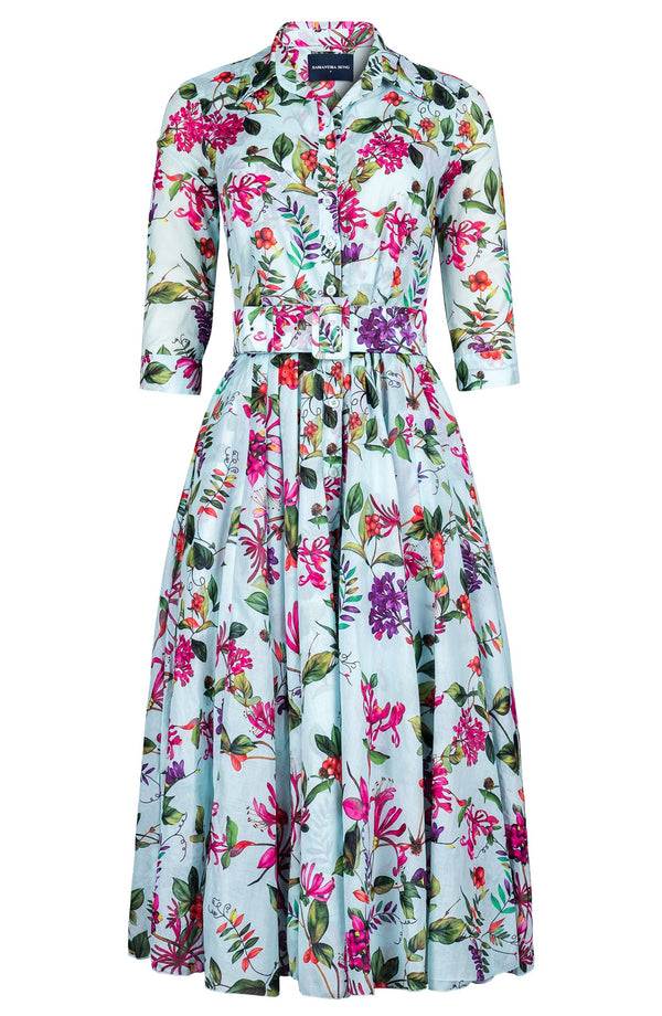 Aster Dress Shirt Collar 3/4 Sleeve Midi Length Cotton Musola (Gallerie Summer Bouquet)