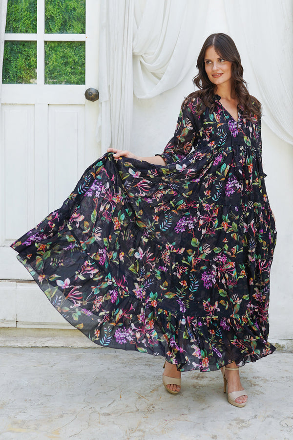 Eden Dress Crew Neck 3/4 Sleeve Maxi Length Ramie (Gallerie Summer Bouquet)