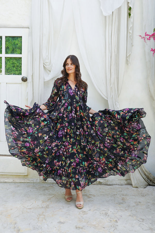 Eden Dress Crew Neck 3/4 Sleeve Maxi Length Ramie (Gallerie Summer Bouquet)