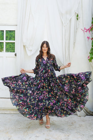 Eden Dress Crew Neck 3/4 Sleeve Maxi Length Ramie (Gallerie Summer Bouquet)