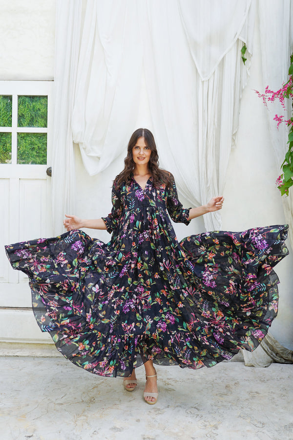 Eden Dress Crew Neck 3/4 Sleeve Maxi Length Ramie (Gallerie Summer Bouquet)