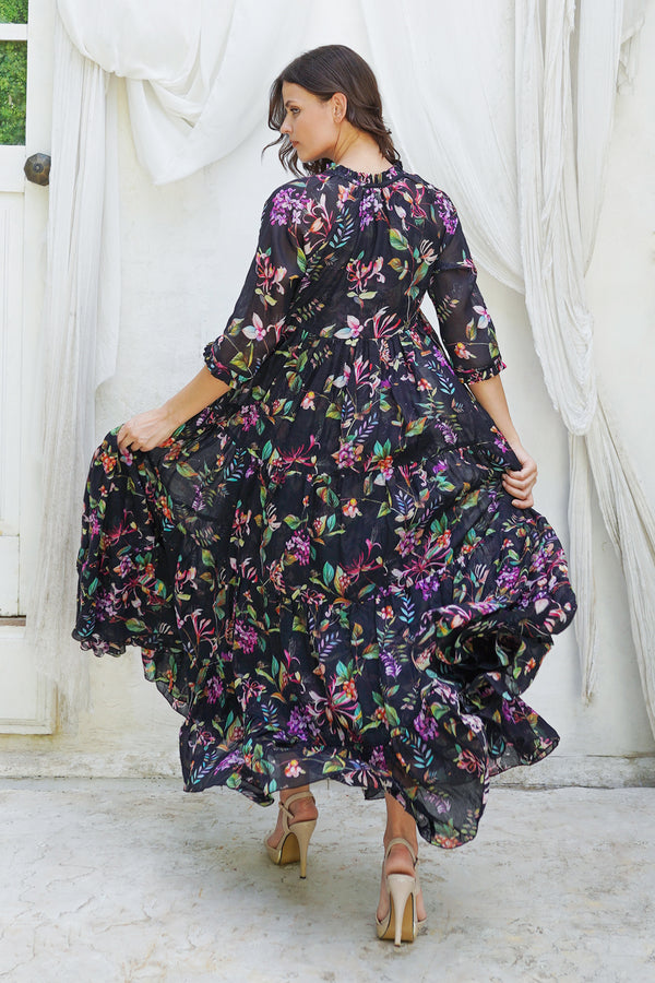 Eden Dress Crew Neck 3/4 Sleeve Maxi Length Ramie (Gallerie Summer Bouquet)