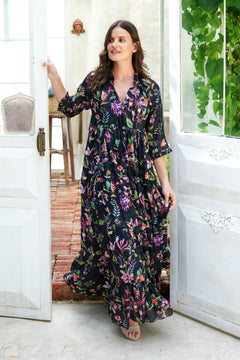 Eden Dress Crew Neck 3/4 Sleeve Maxi Length Cotton Musola (Gallerie Summer Bouquet)