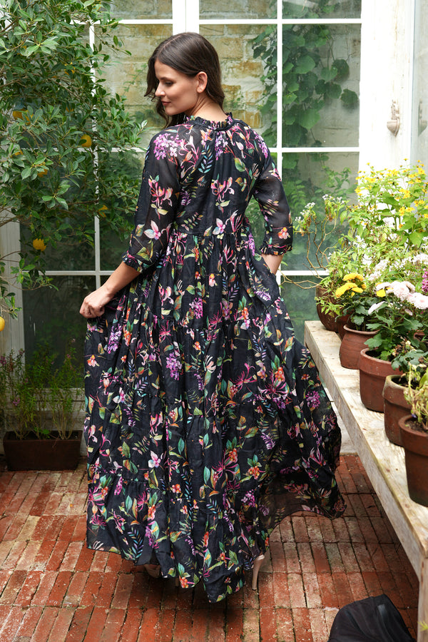 Eden Dress Crew Neck 3/4 Sleeve Maxi Length Ramie (Gallerie Summer Bouquet)
