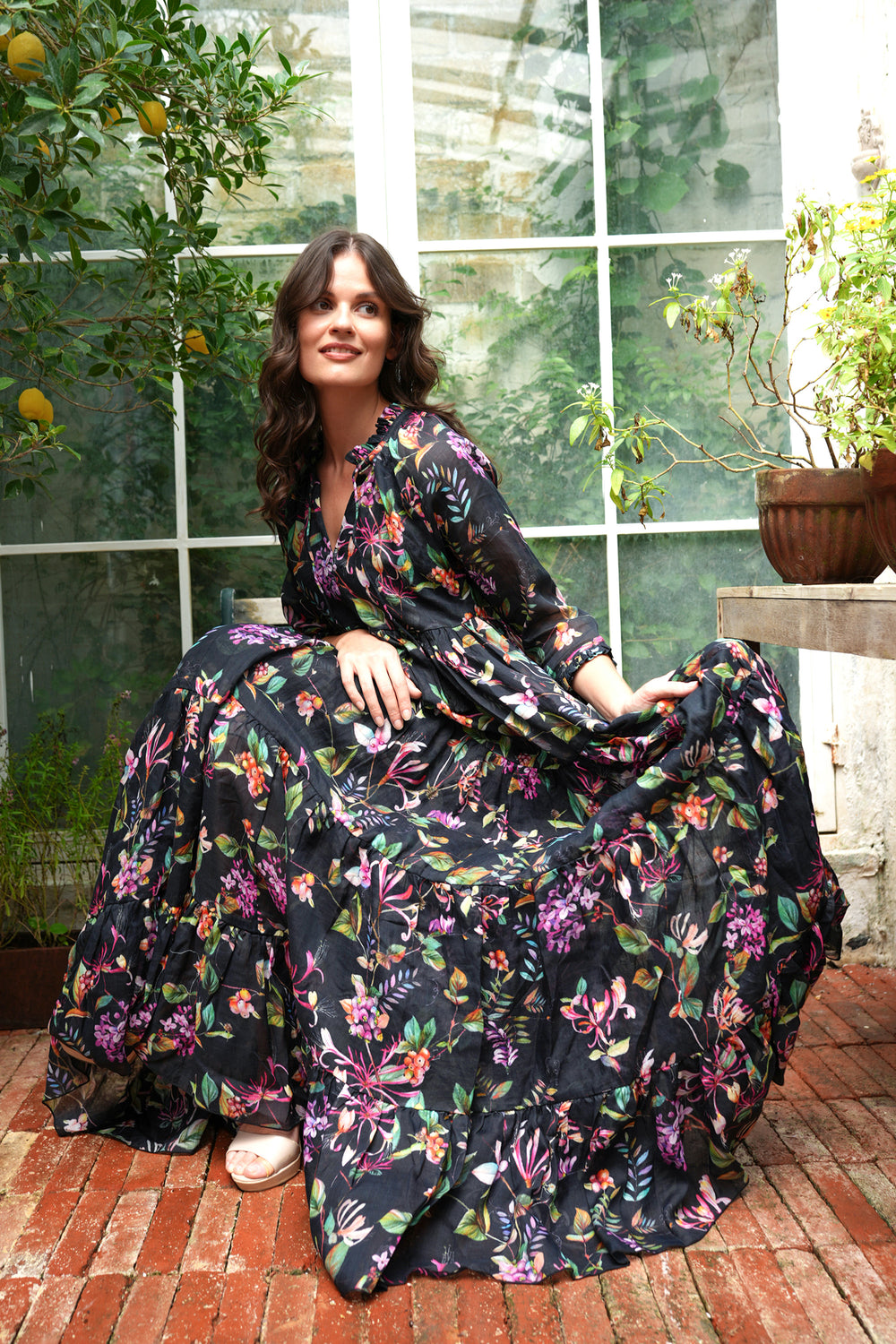 Eden Dress Crew Neck 3/4 Sleeve Maxi Length Ramie (Gallerie Summer Bouquet)