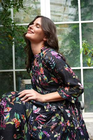 Eden Dress Crew Neck 3/4 Sleeve Maxi Length Ramie (Gallerie Summer Bouquet)