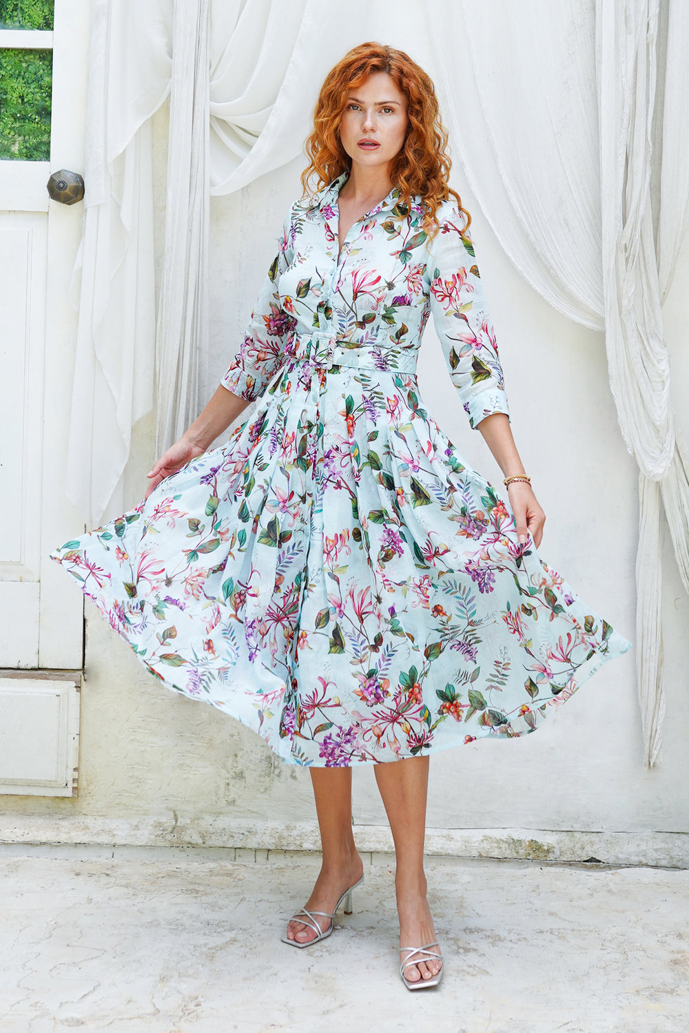 Audrey Dress #4 Shirt Collar 3/4 Sleeve Midi Length Cotton Musola (Gallerie Summer Bouquet)