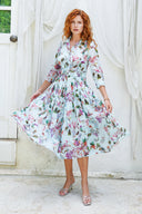 Audrey Dress #4 Shirt Collar 3/4 Sleeve Midi Length Ramie (Gallerie Summer Bouquet)