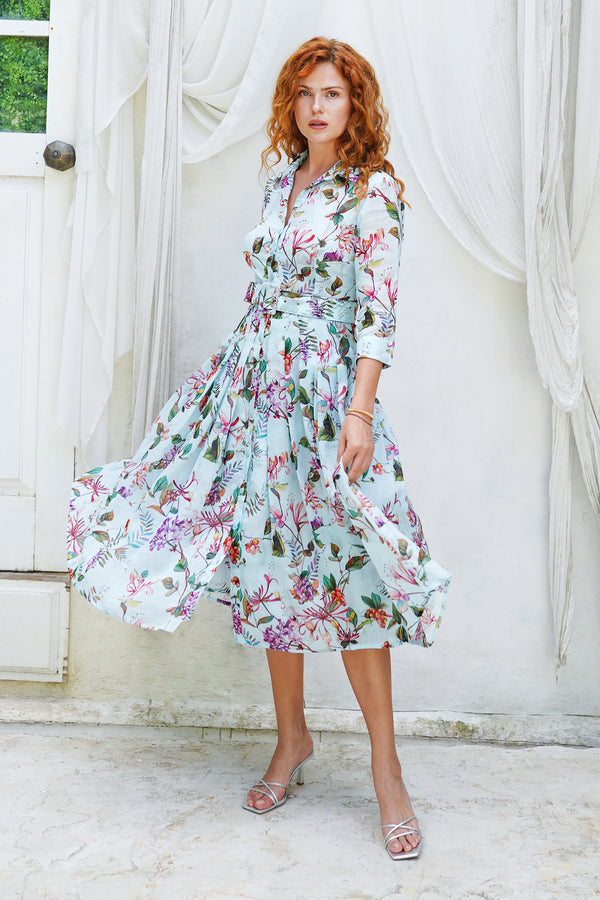 Audrey Dress #4 Shirt Collar 3/4 Sleeve Midi Length Ramie (Gallerie Summer Bouquet)