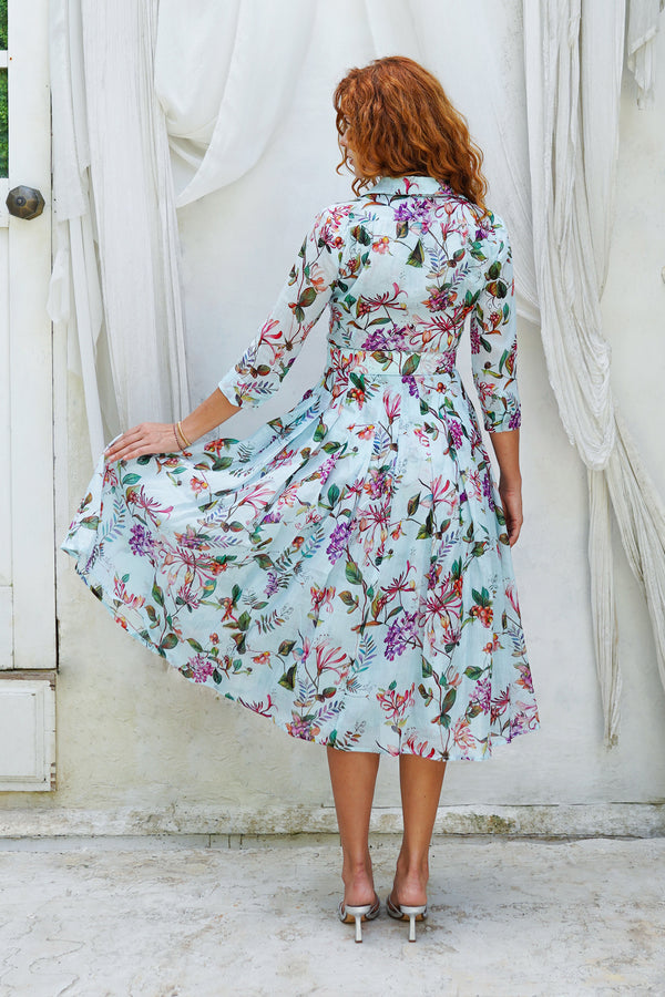 Audrey Dress #4 Shirt Collar 3/4 Sleeve Midi Length Ramie (Gallerie Summer Bouquet)