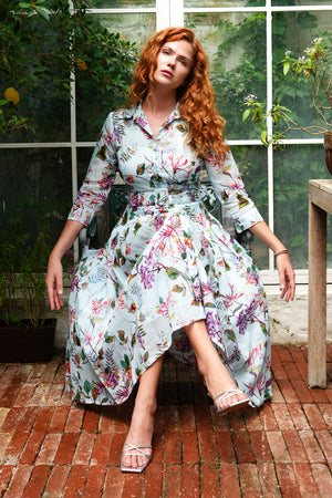 Audrey Dress #4 Shirt Collar 3/4 Sleeve Midi Length Ramie (Gallerie Summer Bouquet)