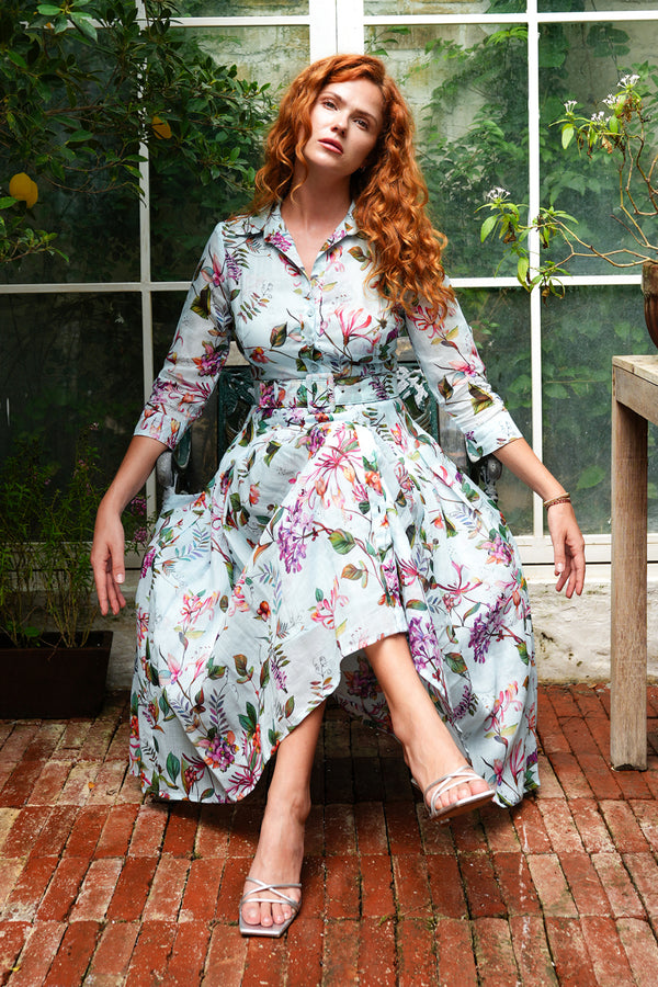 Audrey Dress #4 Shirt Collar 3/4 Sleeve Midi Length Ramie (Gallerie Summer Bouquet)
