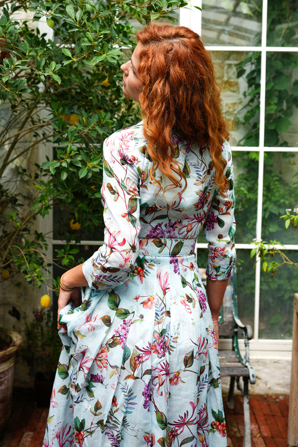 Audrey Dress #4 Shirt Collar 3/4 Sleeve Midi Length Ramie (Gallerie Summer Bouquet)