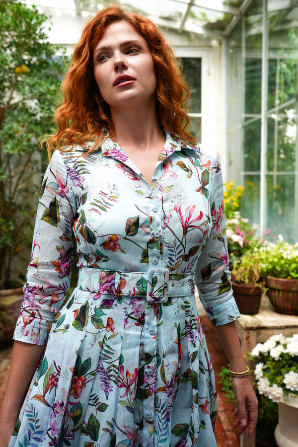 Audrey Dress #4 Shirt Collar 3/4 Sleeve Midi Length Ramie (Gallerie Summer Bouquet)
