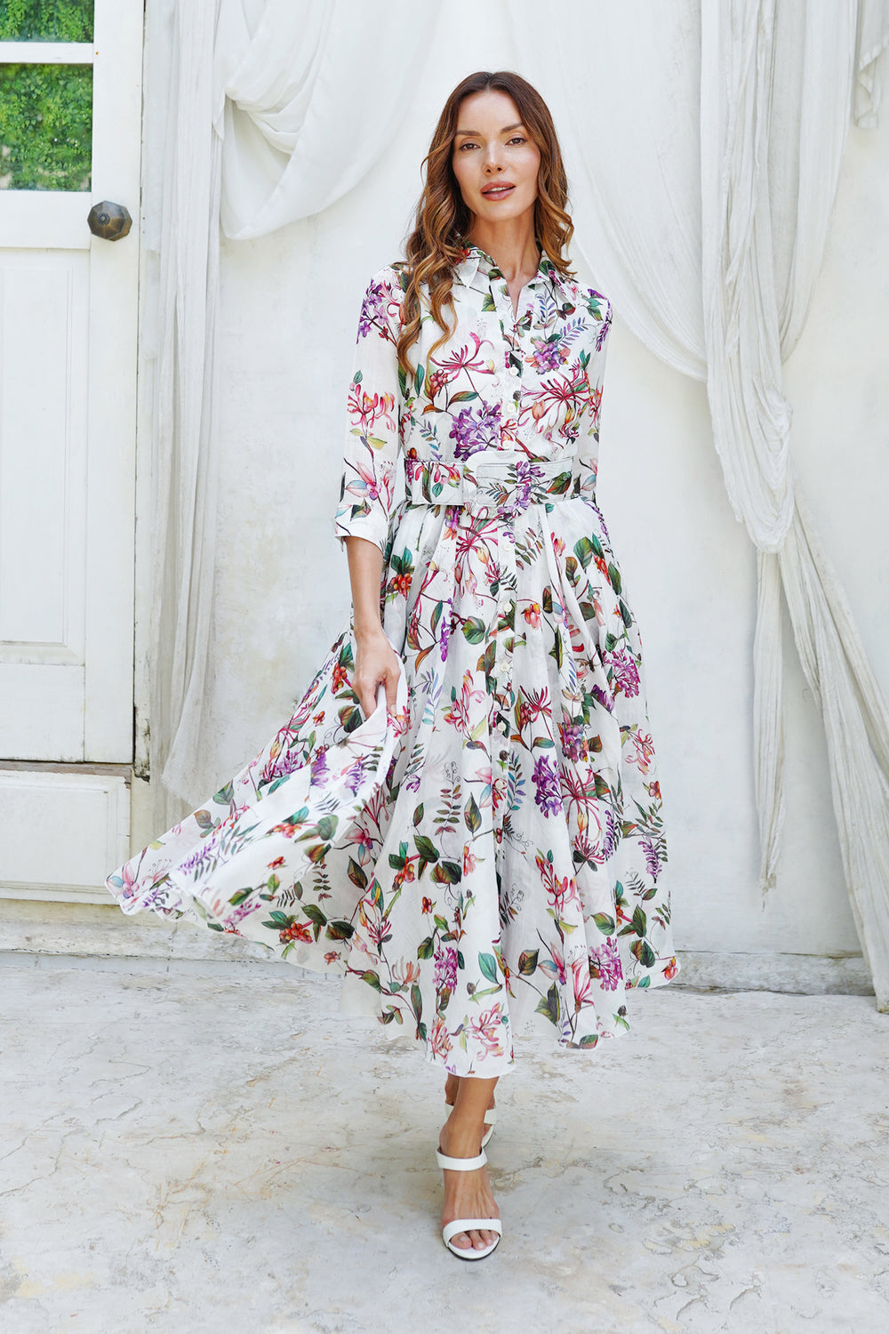 Aster Dress Shirt Collar 3/4 Sleeve Midi Length Cotton Musola (Gallerie Summer Bouquet)