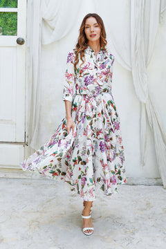 Aster Dress Shirt Collar 3/4 Sleeve Midi Length Cotton Musola (Gallerie Summer Bouquet)