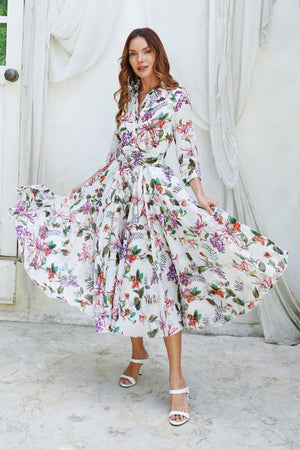 Aster Dress Shirt Collar 3/4 Sleeve Midi Length Ramie (Gallerie Summer Bouquet)