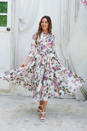 Aster Dress Shirt Collar 3/4 Sleeve Midi Length Ramie (Gallerie Summer Bouquet)