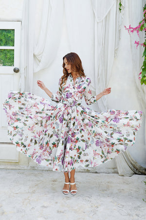 Aster Dress Shirt Collar 3/4 Sleeve Midi Length Ramie (Gallerie Summer Bouquet)
