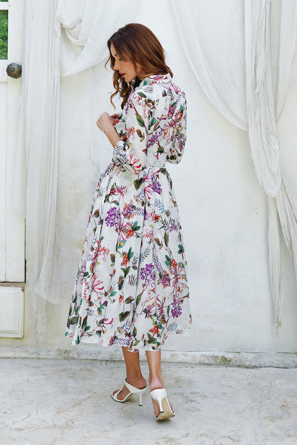 Aster Dress Shirt Collar 3/4 Sleeve Midi Length Ramie (Gallerie Summer Bouquet)