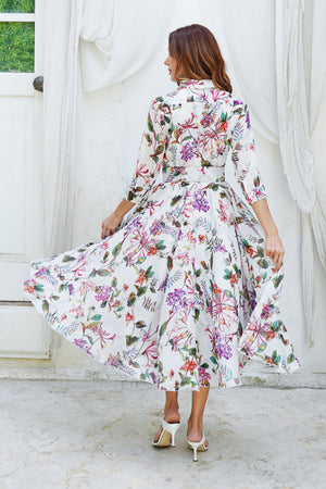 Aster Dress Shirt Collar 3/4 Sleeve Midi Length Ramie (Gallerie Summer Bouquet)