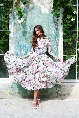 Aster Dress Shirt Collar 3/4 Sleeve Midi Length Ramie (Gallerie Summer Bouquet)