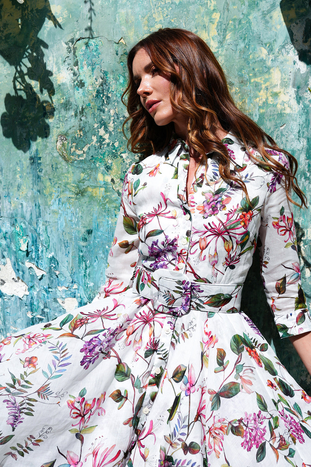 Aster Dress Shirt Collar 3/4 Sleeve Midi Length Ramie (Gallerie Summer Bouquet)