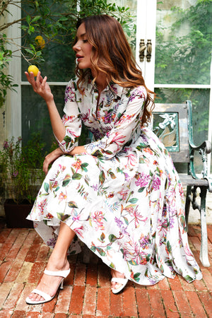 Aster Dress Shirt Collar 3/4 Sleeve Midi Length Ramie (Gallerie Summer Bouquet)